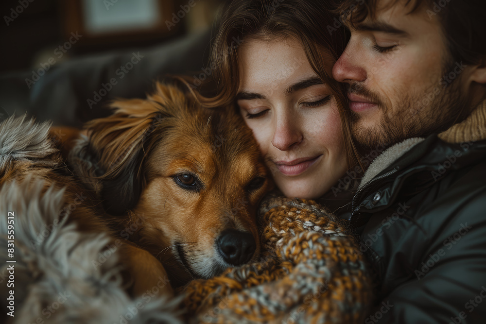 A couple cuddling on the couch with their pet. Concept of comfort and shared love. Generative Ai. A couple cuddling on the couch with their pet. Concept of comfort and shared love. Generative Ai.