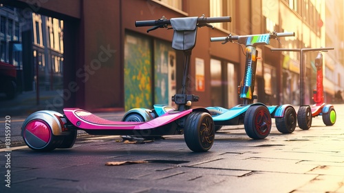 Illustration of micro mobility
electric skateboard option, with smooth road surface background in the middle of the city with light