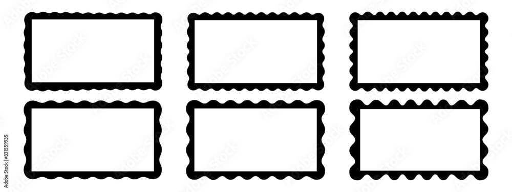 Set of rectangle frames with wavy edges. Rectangular frameworks with scallop borders. Mirror, picture or photo borders, empty text boxes or banners, tags or labels. Vector graphic illustration. Set of rectangle frames with wavy edges. Rectangular frameworks with scallop borders. Mirror, picture or photo borders, empty text boxes or banners, tags or labels. Vector graphic illustration.