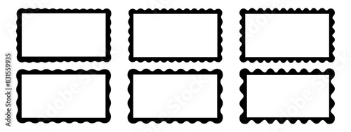 Set of rectangle frames with wavy edges. Rectangular frameworks with scallop borders. Mirror, picture or photo borders, empty text boxes or banners, tags or labels. Vector graphic illustration.