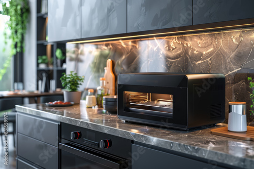 A sleek kitchen appliance on a marble countertop. Concept of modern living and convenience. Generative Ai. photo