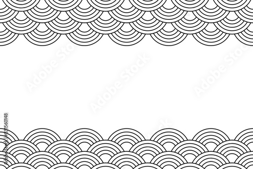 Banner template with oriental ornament with circle shapes and blank space. Waves background. Black and white seigaiha pattern. Scallops print. Fish squama or dragon scale. Vector outline illustration.