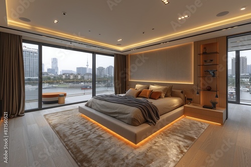 Modern bedroom with sleek furnishings and panoramic city views, creating a stylish and serene retreat perfect for relaxation and restful sleep