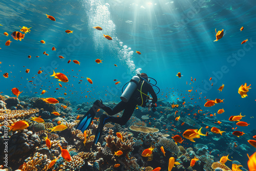 A marine biologist studying coral reefs underwater. Concept of marine science and ecosystem preservation. Generative Ai. photo