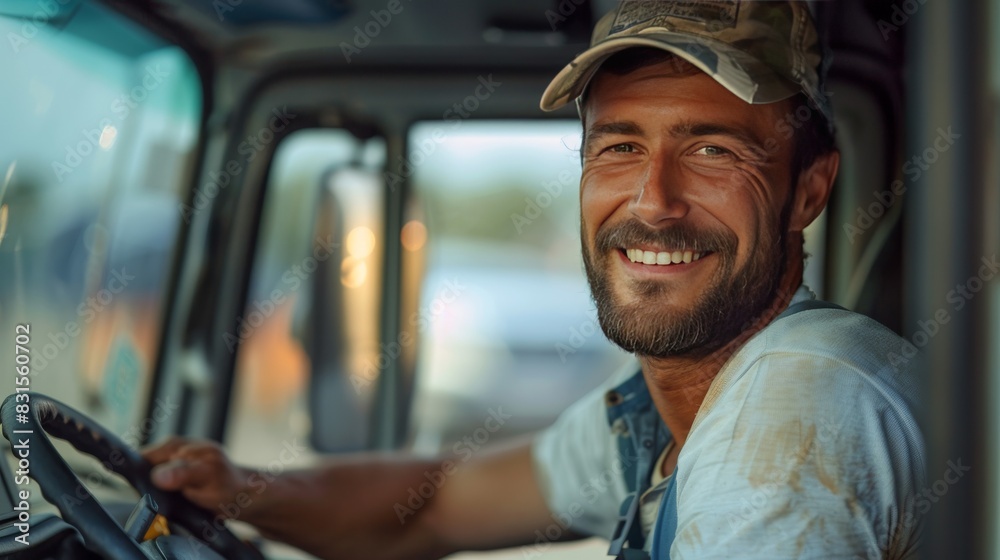Closeup of Smiling Truck Driver in Cab, Hands on Steering Wheel Closeup of Smiling Truck Driver in Cab, Hands on Steering Wheel