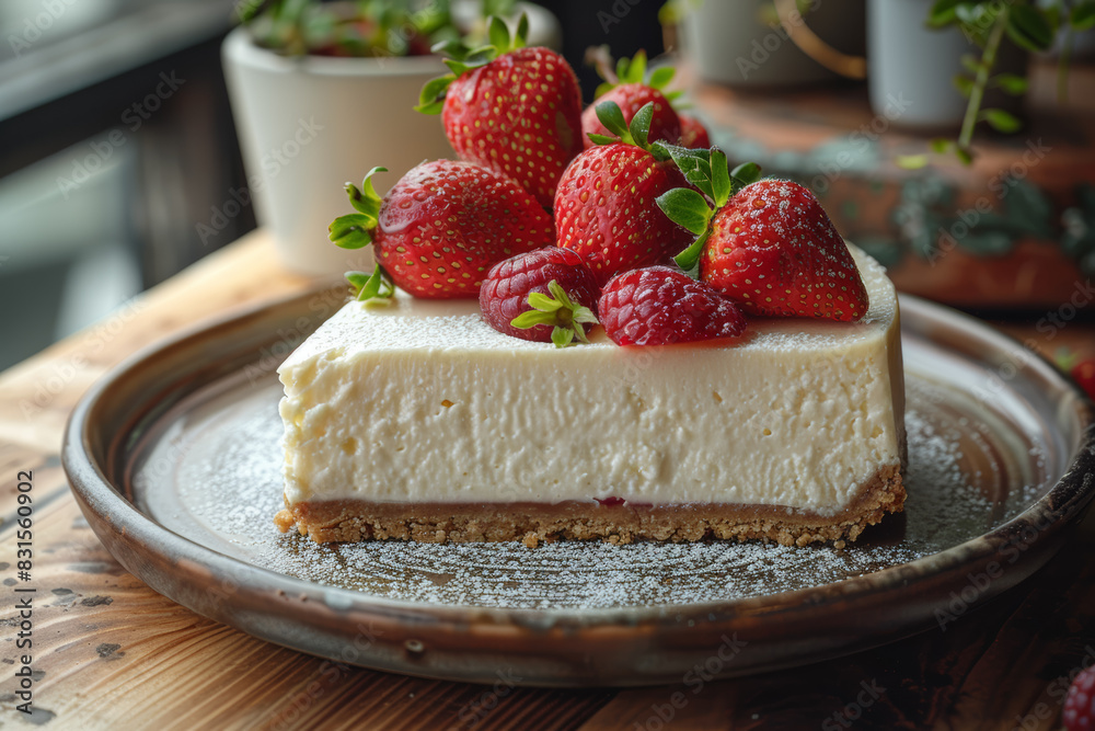 A creamy slice of cheesecake topped with fresh strawberries. Concept of dessert indulgence and sweet treats. Generative Ai. A creamy slice of cheesecake topped with fresh strawberries. Concept of dessert indulgence and sweet treats. Generative Ai.
