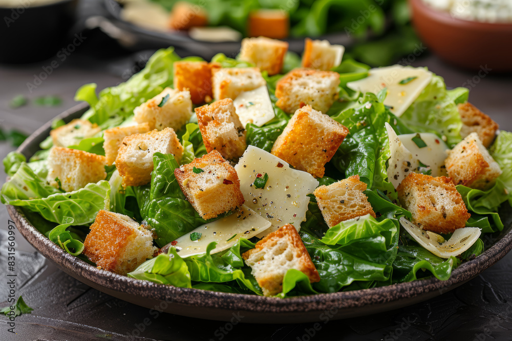 A fresh Caesar salad with crisp lettuce, croutons, and parmesan. Concept of classic salads and healthy meals. Generative Ai. A fresh Caesar salad with crisp lettuce, croutons, and parmesan. Concept of classic salads and healthy meals. Generative Ai.
