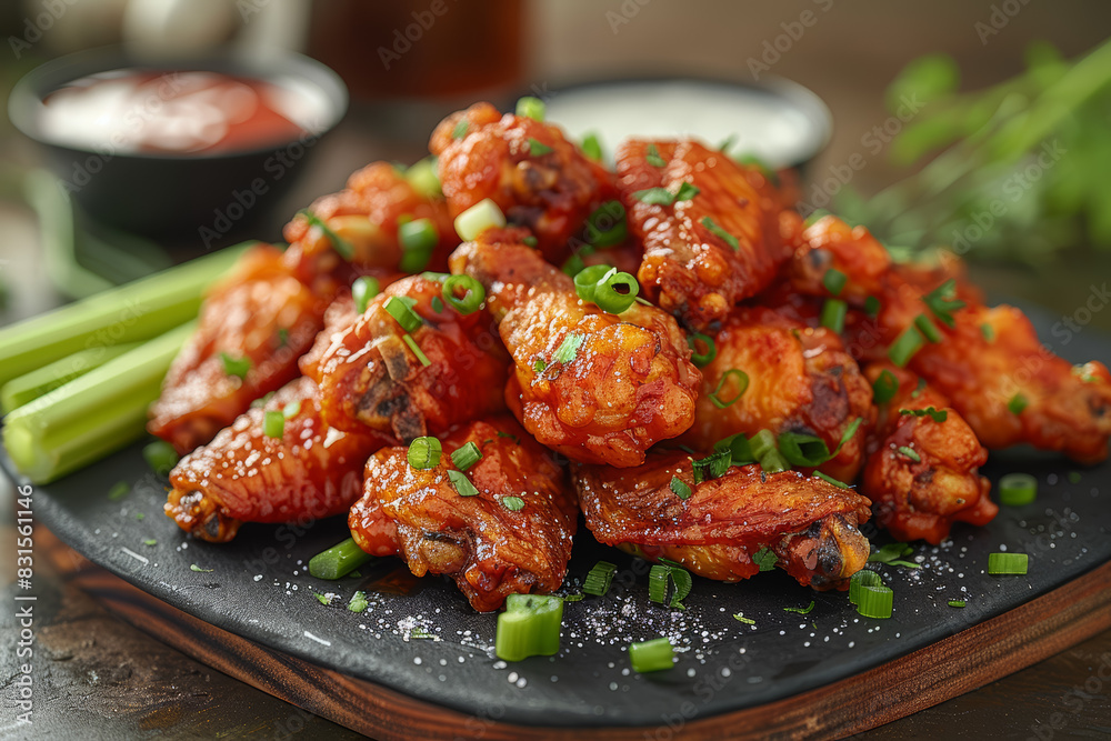 A platter of spicy buffalo wings with celery sticks and dip. Concept of bar food and casual dining. Generative Ai. A platter of spicy buffalo wings with celery sticks and dip. Concept of bar food and casual dining. Generative Ai.