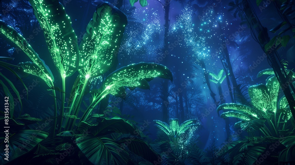 Giant glowing plants release bioluminescent pollen, casting a magical glow and revealing hidden wonders. Giant glowing plants release bioluminescent pollen, casting a magical glow and revealing hidden wonders.
