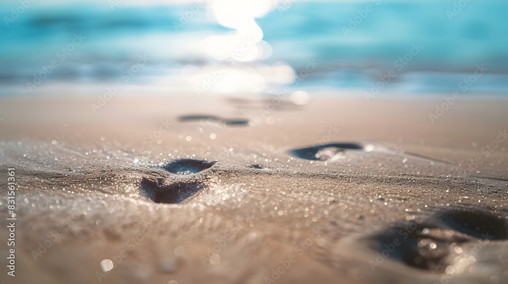 Close up sand with blurred sea sky background, summer day, copy space or for product. Summer background concept. 