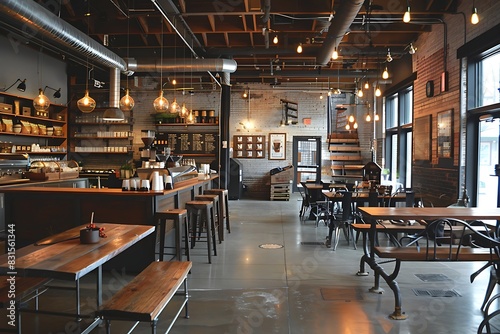 A contemporary coffee shop interior with communal tables and industrial decor.