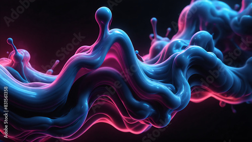 Abstract liquid wallpaper. Futuristic fluid backdrop. Pink blue smoke on black background. Sci-fi stock illustration