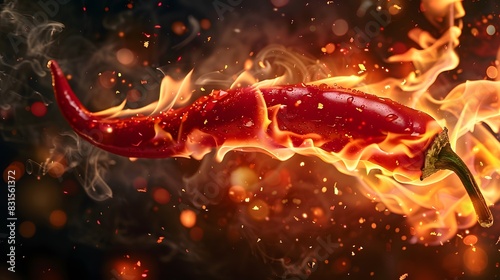 A close-up capture of a fiery red chili pepper with flames dancing along its edges. photo