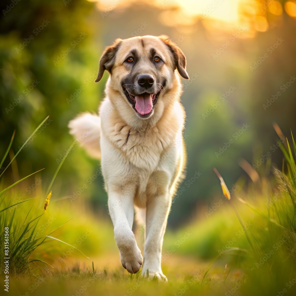Anatolian Shepherd dog running on grass on blurred summer natural background and looking at the camera. Anatolian Shepherd dog running on grass on blurred summer natural background and looking at the camera.