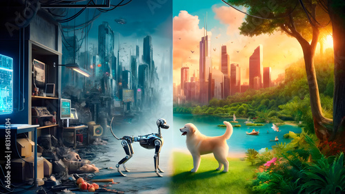 Robotic Dog vs Real Dog: Dystopian vs Utopian Future. Technological Challenge.