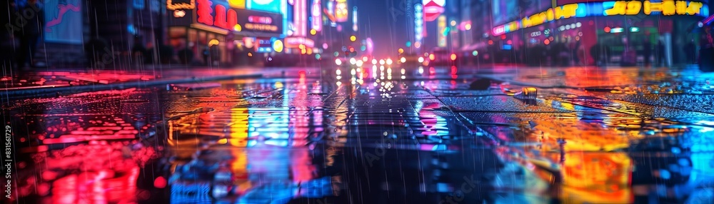 Fototapeta premium Colorful neon light signs reflecting on wet pavement in a rainy city night, capturing the glow and vibrancy of urban life