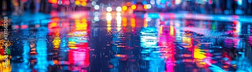 Colorful neon light signs reflecting on wet pavement in a rainy city night  capturing the glow and vibrancy of urban life