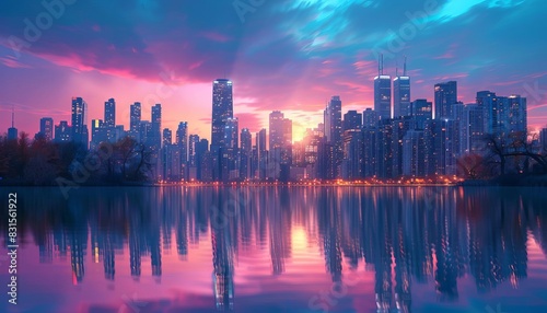 Dazzling city skyline at sunset, with skyscrapers illuminated against a colorful sky, and reflections on a calm river below © Nawarit