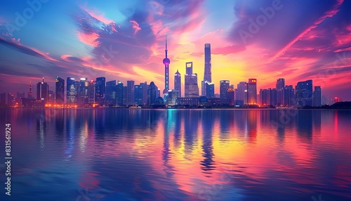 Dazzling city skyline at sunset  with skyscrapers illuminated against a colorful sky  and reflections on a calm river below