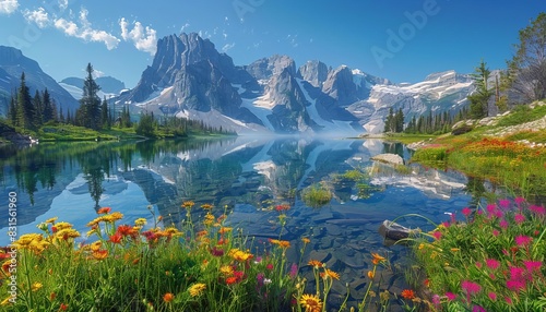 Dramatic mountain range reflected in a pristine glacial lake, with soft morning mist and vibrant wildflowers in the foreground photo