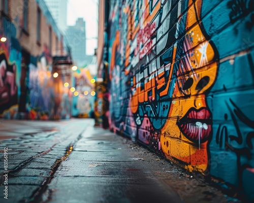 Dynamic graffiti wall in an urban alley, featuring a mix of murals, stencils, and spraypainted artwork, showcasing raw artistic expression photo