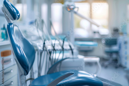 Blurred image of a dental chair and instruments in a clean, contemporary dentist's office photo