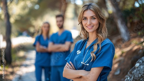 Confident healthcare workers showcasing modern and stylish medical uniforms in vibrant scrubs photo