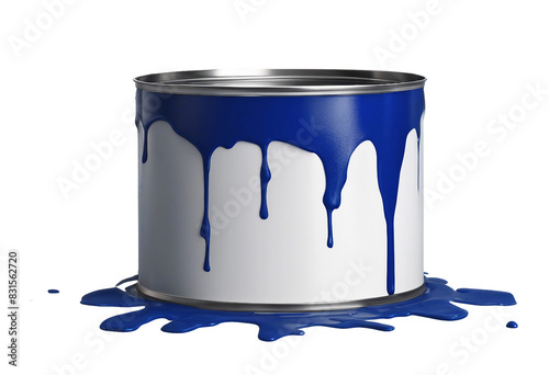 Large open can of blue paint with drips isolated on transparent background photo