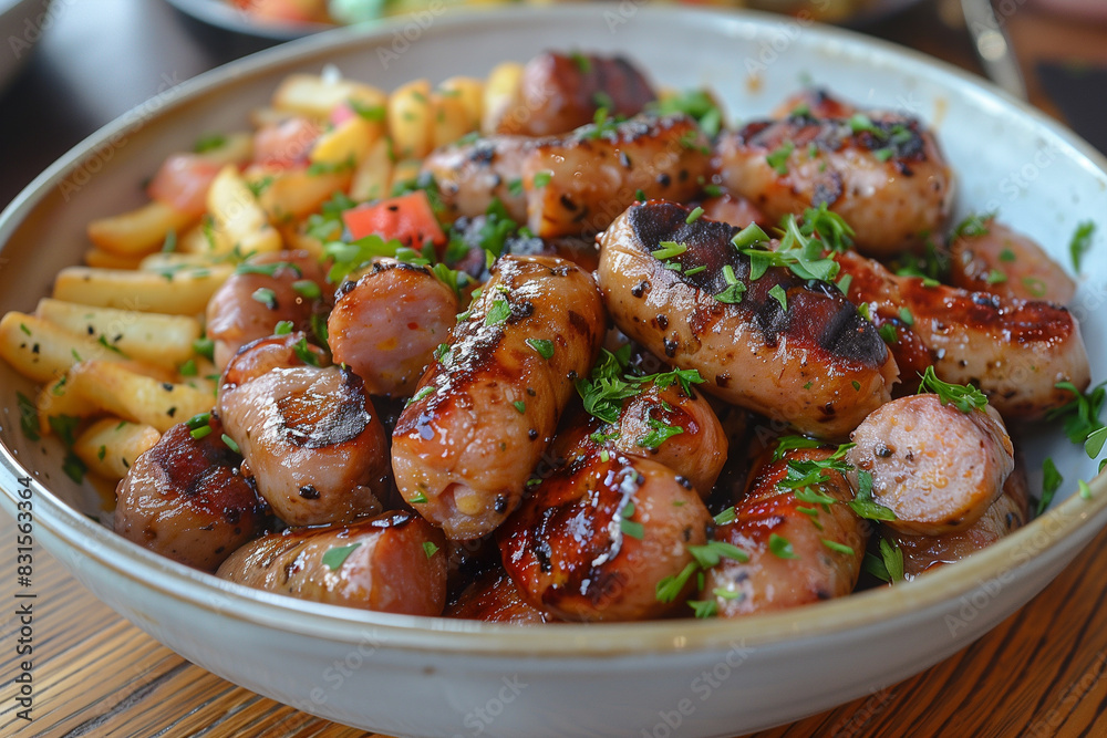 Delicious Currywurst and Fries in a Wooden Bowl With Chives at a Restaurant Delicious Currywurst and Fries in a Wooden Bowl With Chives at a Restaurant