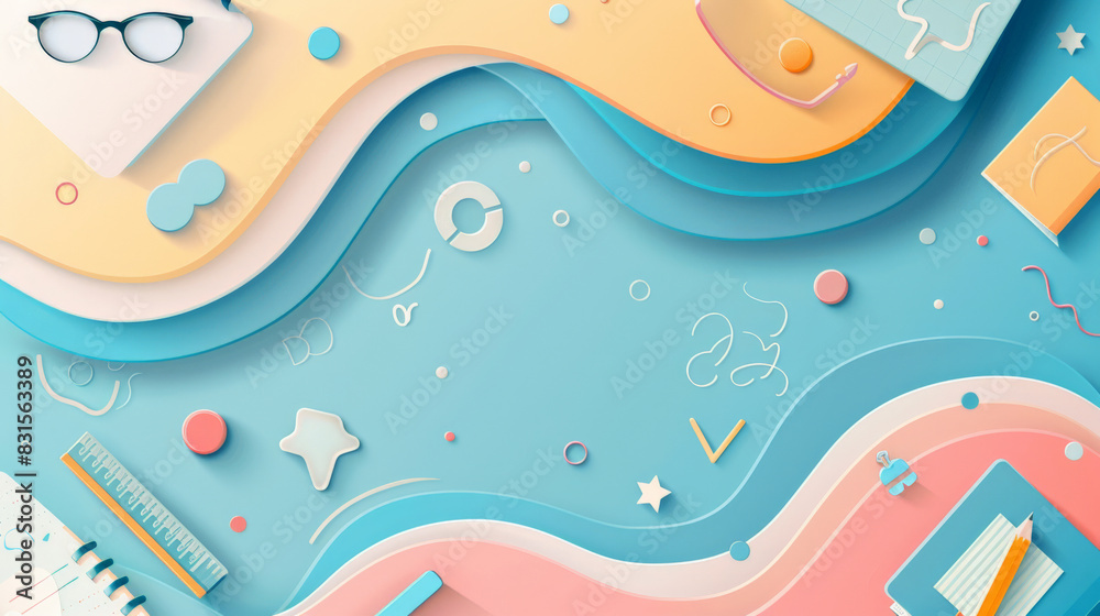 modern, minimalist education background featuring gradient waves in soft, contemporary colour schemes such as pastel blues and pinks. Integrate subtle, abstract icons of school supplies modern, minimalist education background featuring gradient waves in soft, contemporary colour schemes such as pastel blues and pinks. Integrate subtle, abstract icons of school supplies