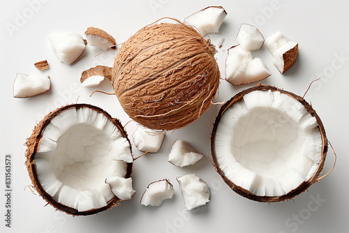 Whole Coconut and Two Halves Cut in Half