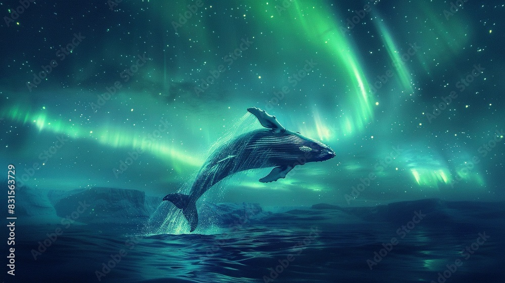 Naklejka premium Breathtaking Aurora and Whale Breaching Scene