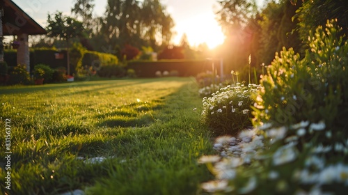 Beautiful manicured lawn and flowerbed with deciduous shrubs on private plot and track to house against backlit bright warm sunset evening light on background. Soft focusing in foreground.  photo