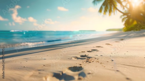 Blurred defocused natural background of tropical summer beach with footprints in the wet sand. Summer vacation concept.
