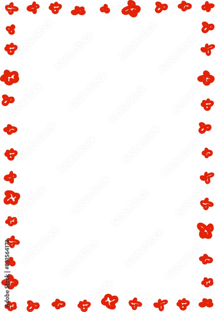 Cute decorative vector frame. Floral clipart element in hand-drawn style. Isolated decoration of simple flowers in red color. Suitable for wedding or birthday invitation, poster, menu, greeting card.