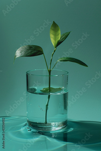 Fresh plant cutting growing roots in clear water against a serene teal background