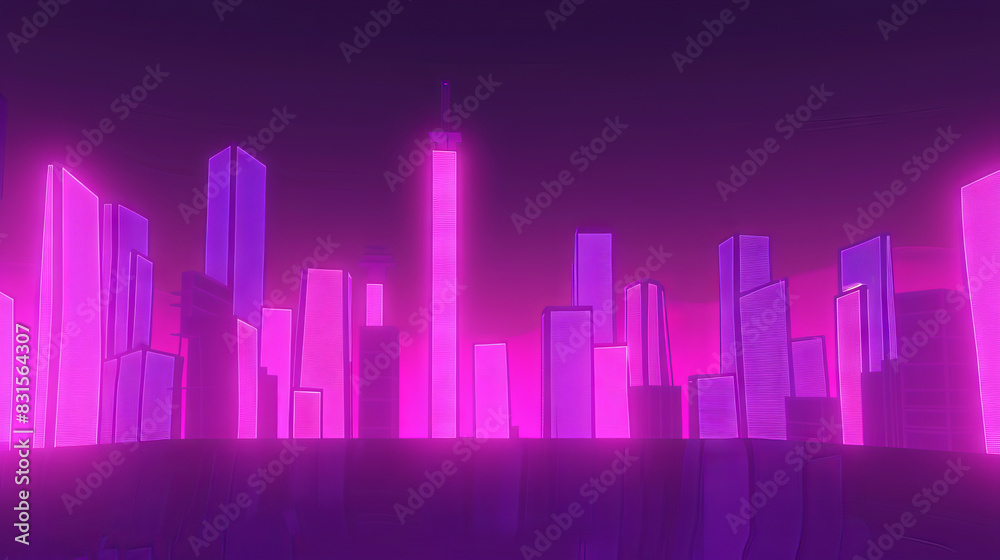 A vibrant cityscape blending 2D and 3D buildings, featuring neon colors and AR holograms.