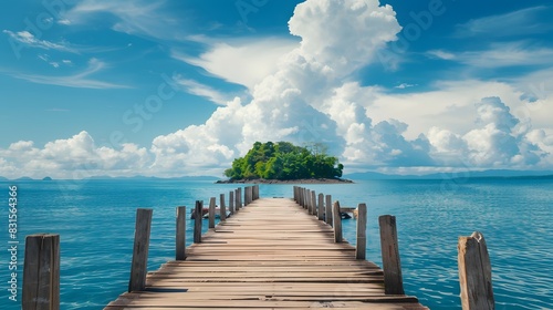 Beautiful tropical landscape background, concept for summer travel and vacation. Wooden pier to an island in ocean against blue sky with white clouds, panoramic view.