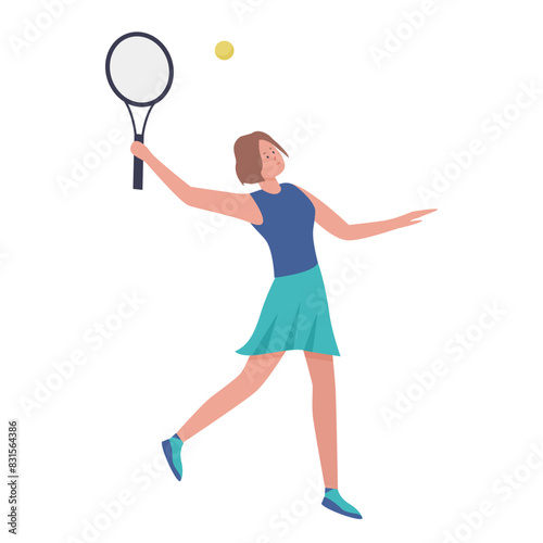 Woman jumping with racket to hit ball at tennis practice vector illustration