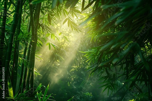 A dense bamboo forest with sunlight filtering through the leaves.