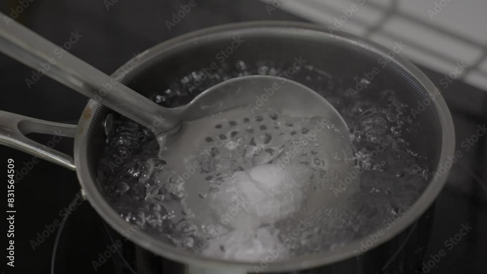 This video shows eggs being lowered in a pot of boiling water by a large ladle spoon. This video shows eggs being lowered in a pot of boiling water by a large ladle spoon.