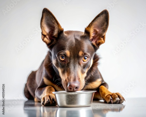 Australian Kelpie dog eating from a bowl on a plain white background.
