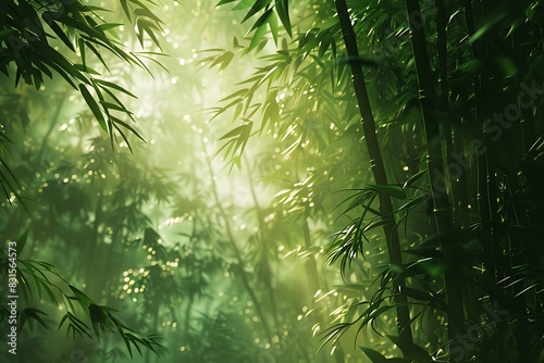 A dense bamboo forest with sunlight filtering through the leaves.