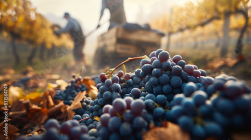 In the foreground, workers are harvesting grapes in an autumn vineyard during harvest season. The blurred background shows wine production and a winery with wooden boxes