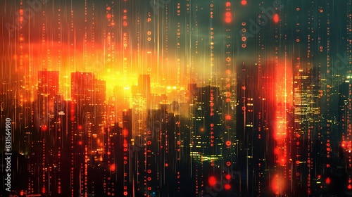 Futuristic Cityscape with Digital Code Overlay