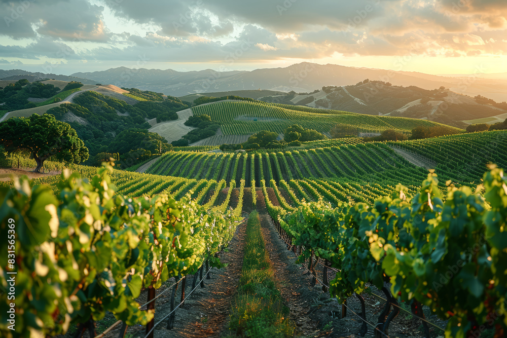 Naklejka premium A picturesque vineyard nestled in rolling hills, offering wine tastings against a backdrop of breathtaking scenery. Concept of vineyard escape and culinary delight. Generative Ai.