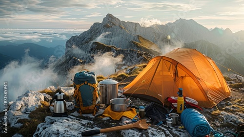 An assortment of camping equipment arranged atop a mountain, featuring a tent, backpack, and cooking gear photo