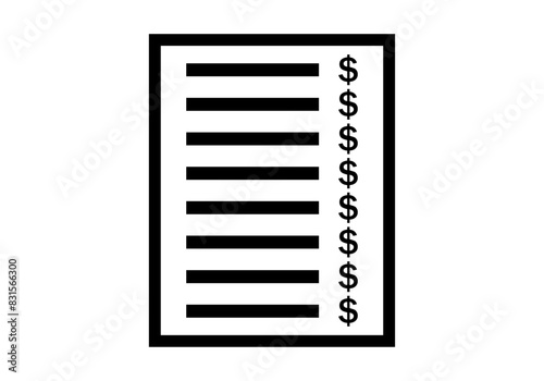 Icono negro de ticket o recibo de la compra en dolares