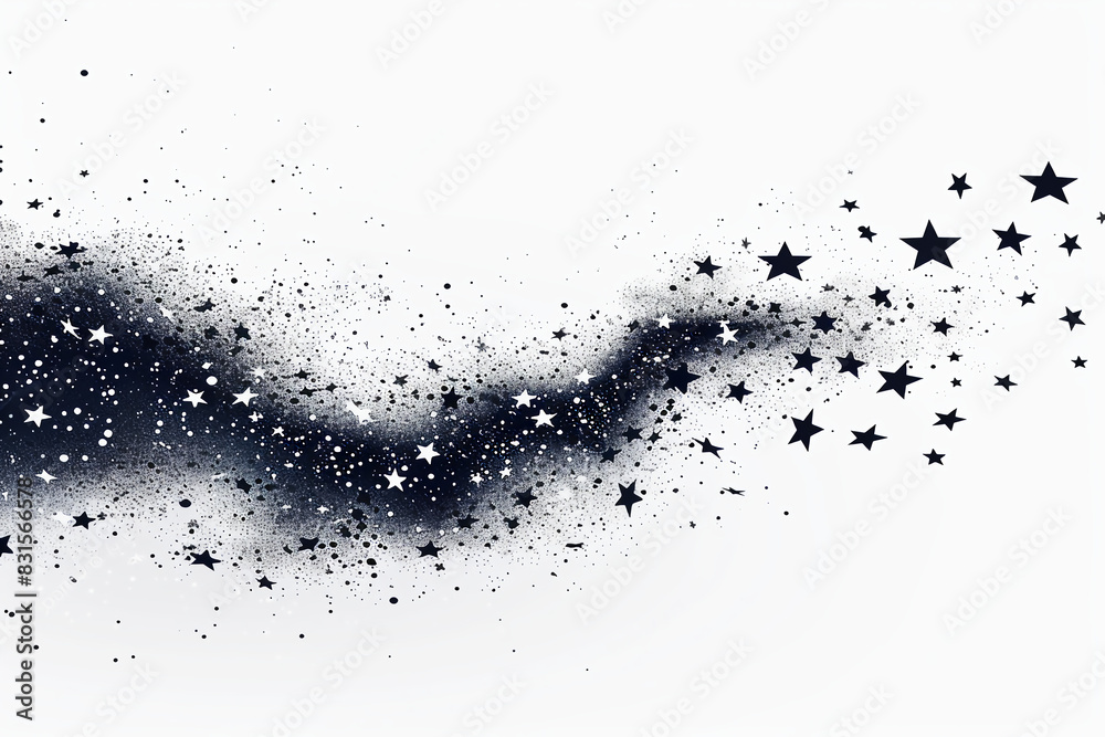 Obraz premium Illustration of stars and small black dots flying in the air, forming an elegant curved trail on an abstract background.