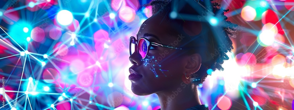 Young Woman with Glasses in a Neon-Lit Environment and Digital Effects Young Woman with Glasses in a Neon-Lit Environment and Digital Effects